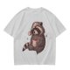 Olive T-Shirt With Raccoon In Santa Hat Holding Mug Print