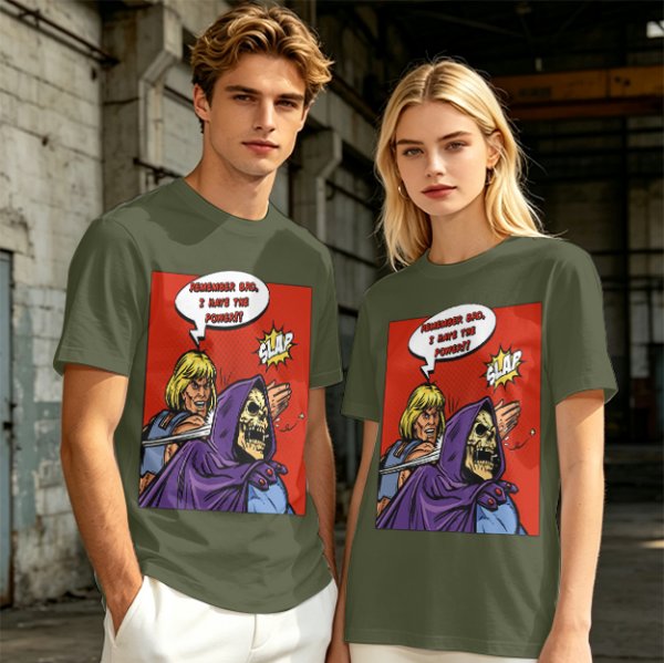 Olive T-shirt with He-Man slapping Skeletor comic print