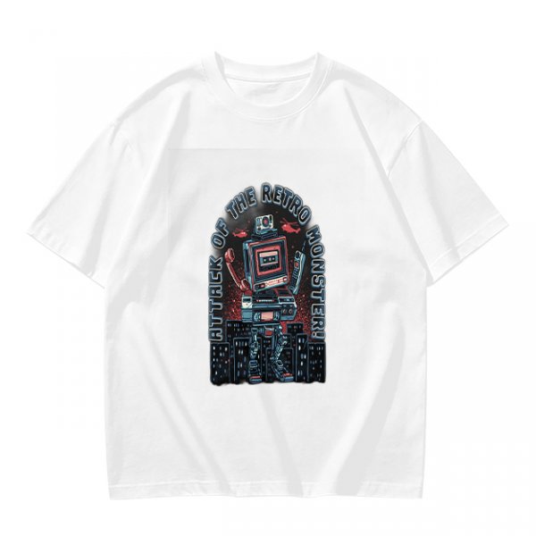 Olive green t-shirt with retro robot monster city attack graphic