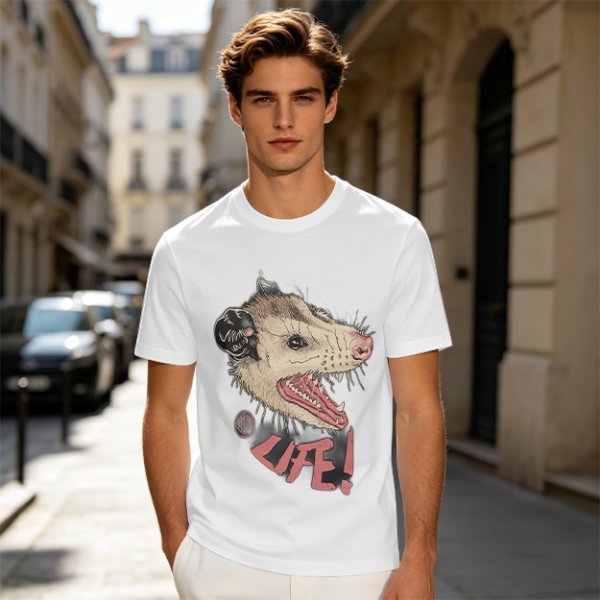 Olive T-Shirt With Aggressive Opossum 'LIFE!' Graphic Print