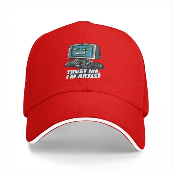 Black baseball cap with retro computer graphic and 'Trust me I'm artist' text