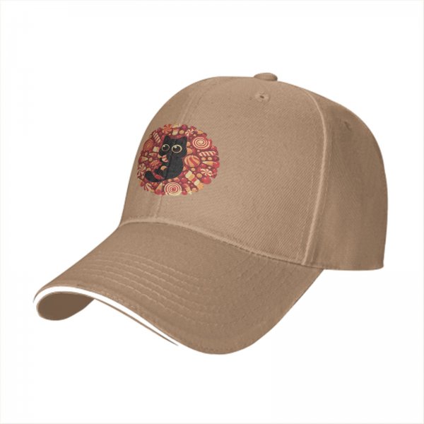 Black Baseball Cap with Cute Black Cat and Candy Print