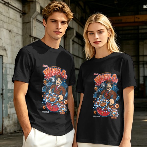 Olive green t-shirt with Doctor Who themed Whovio's cereal graphic