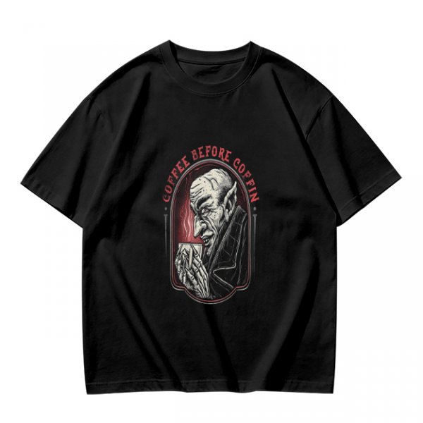 Olive T-Shirt with Vampire Coffee Before Coffin Graphic Print