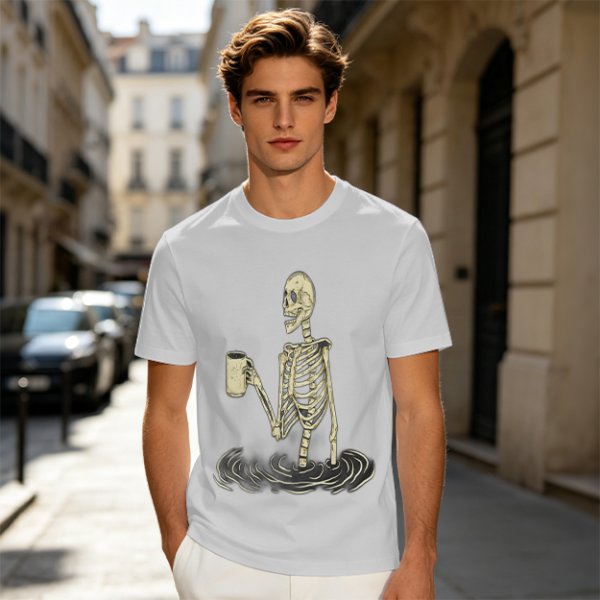 Olive Skeleton Holding Coffee Mug In Water Graphic T-Shirt