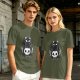 Olive green graphic t-shirt with black cat and skull print