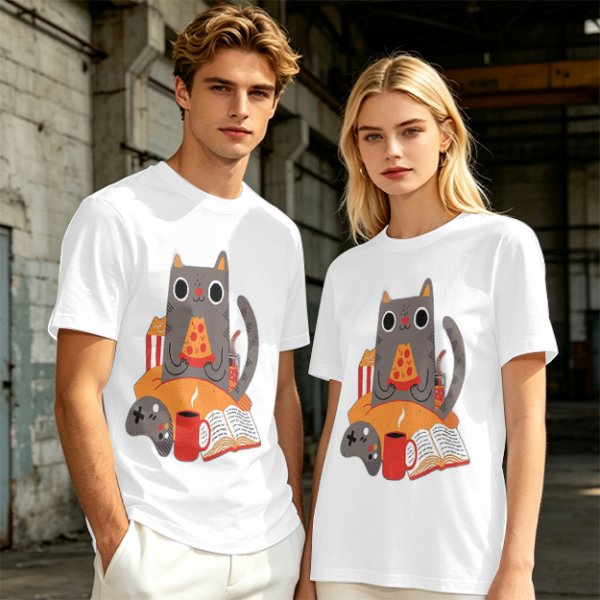 Olive T-Shirt With Cozy Cat Eating Pizza And Gaming Print