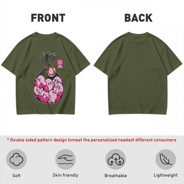 Olive T-Shirt With Cute Kirby Candy Bag Graphic