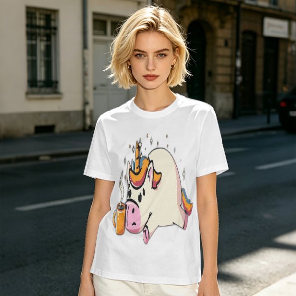 Olive T-Shirt With Tired Unicorn Holding Hot Coffee Print