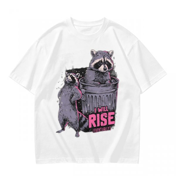 Olive graphic t-shirt with raccoons and 'I Will Rise Eventually' text