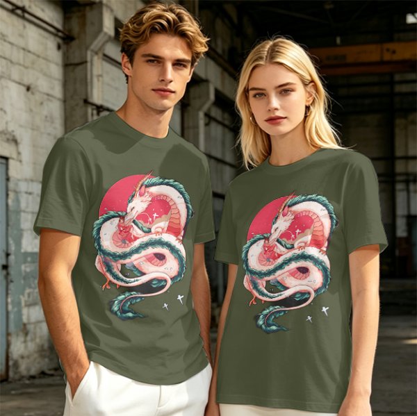 Olive T-shirt with stylized white dragon and red circular graphic print