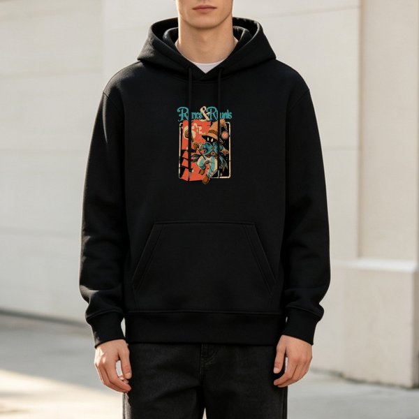 Black hoodie with fantasy wizard graphic and text print