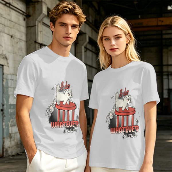 Olive graphic tee with a white cat on a stool and the text I do whatever I want
