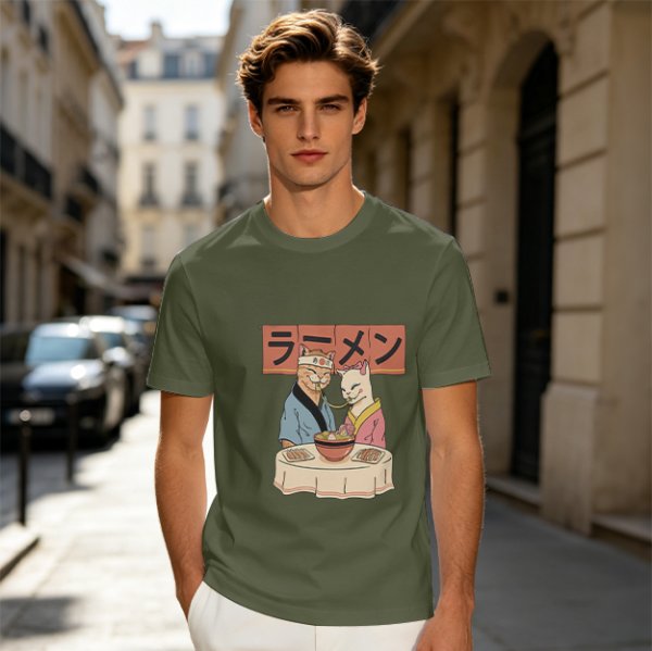 Olive T-Shirt With Cats Eating Ramen Japanese Art Print