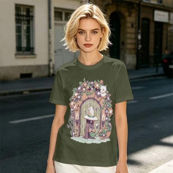 Olive T-Shirt With Whimsical Wizard Cat Garden Door Art