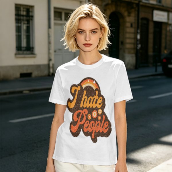 Olive Green Retro Graphic T-Shirt with "I Hate People" Print