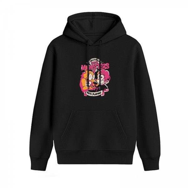 Black hoodie with Local Monsters Pets Playing cartoon graphic