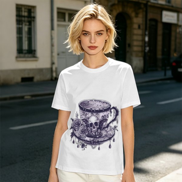 Olive T-shirt with Gothic Skull Teacup and Roses Print