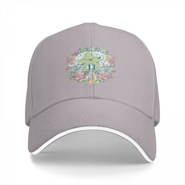 Black baseball cap with whimsical magical plant and mushroom graphic