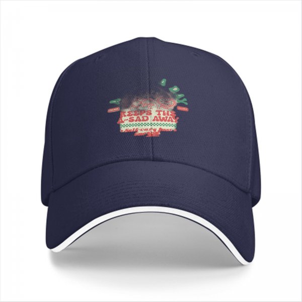 Black baseball cap with 'Keeps The A-Sad Away' graphic print