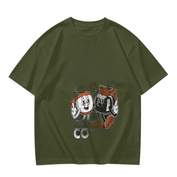 Olive T-Shirt with Retro Cartoon Coffee Cup Characters Graphic