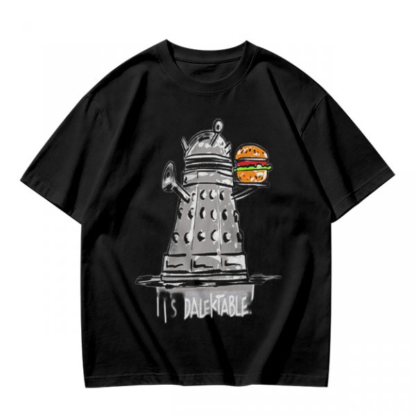 Olive t-shirt with Dalek holding burger and 'It's Dalektable' print