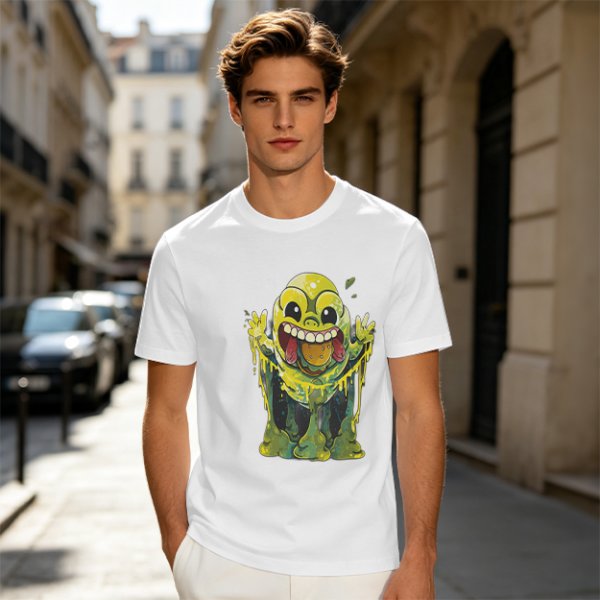 Olive T-Shirt With Playful Green Slime Monster Graphic