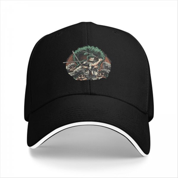 Black Baseball Cap With Anime Swordsman Graphic Print