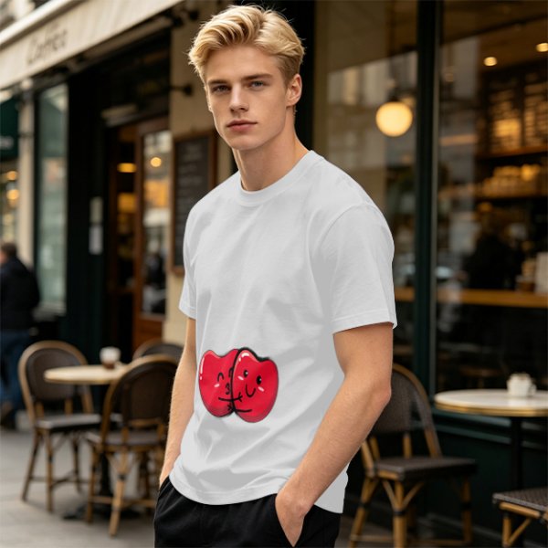 Olive green t-shirt with cute hugging red beans graphic