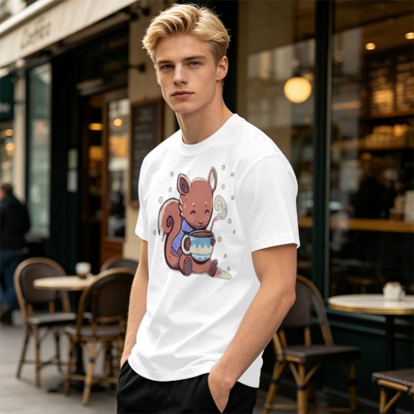 Olive T-Shirt With Cute Squirrel Holding Hot Drink Winter Art