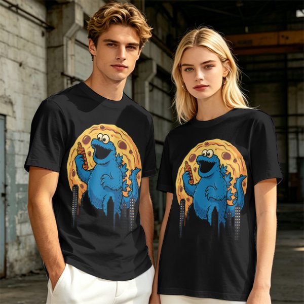 Olive T-Shirt Featuring Giant Cookie Monster Holding Cookie Against Moon