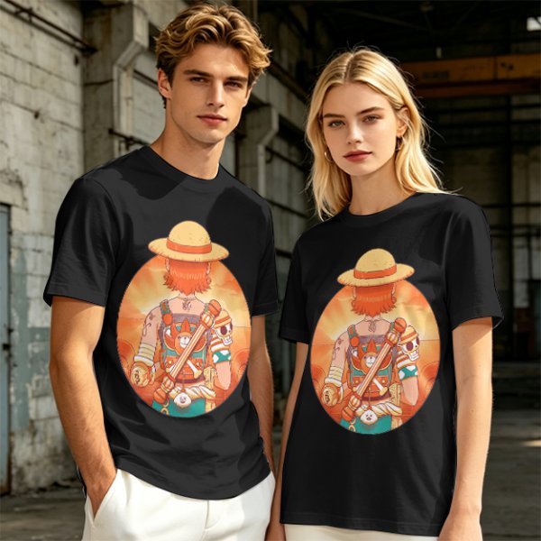 Olive T-Shirt Featuring Anime Character With Straw Hat Back View