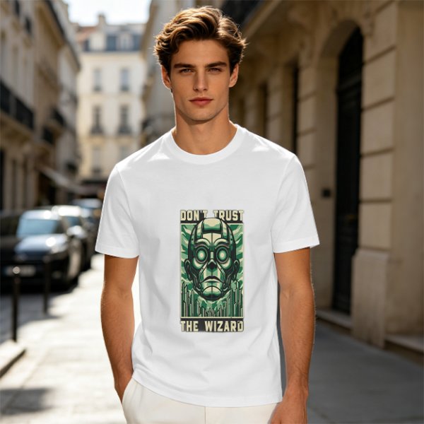 Olive green t-shirt with 'Don't Trust The Wizard' robot graphic print
