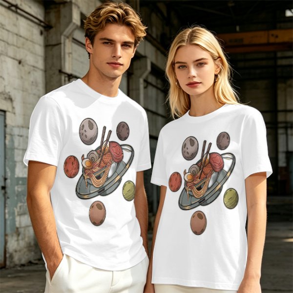 Olive green t-shirt with ramen planet space graphic print