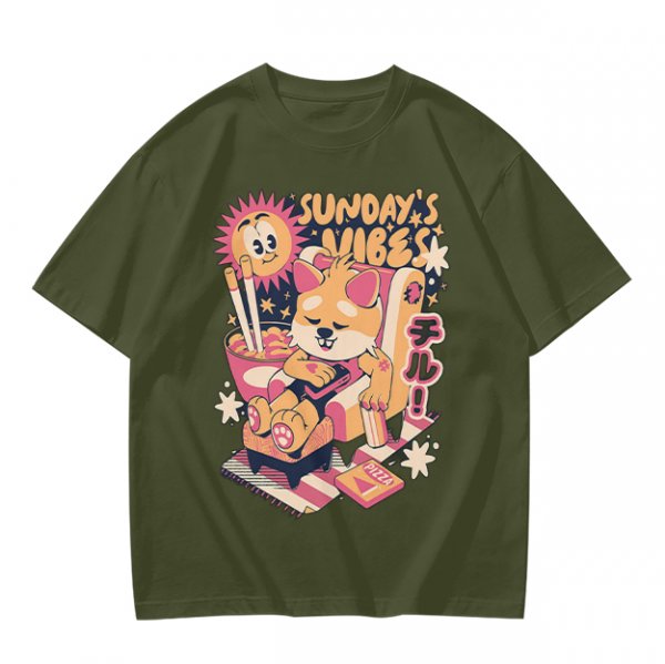 Olive t-shirt with Sunday's Vibes Shiba Inu relaxing graphic