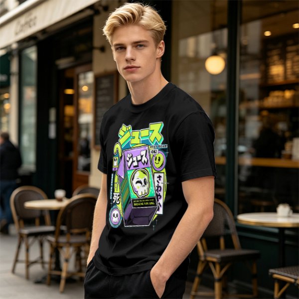 Olive T-shirt with spooky juice box graphic and playful skull art