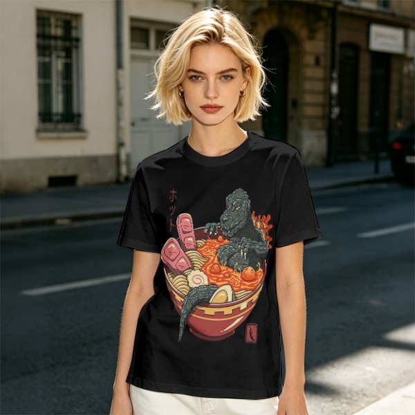 Godzilla in spicy ramen bowl graphic tee