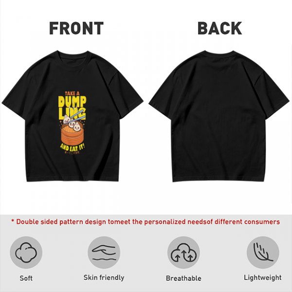 Olive green graphic t-shirt with dumpling pun and steamer illustration