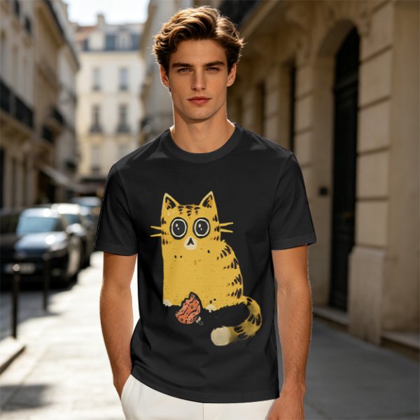 Olive T-Shirt With Cute Surprised Orange Tabby Cat Holding Meat Print