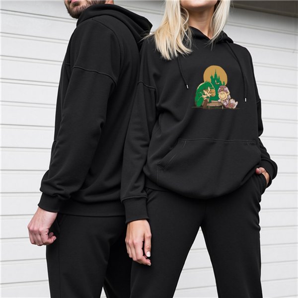 Black Hoodie With Fantasy Castle And Character Graphic Print