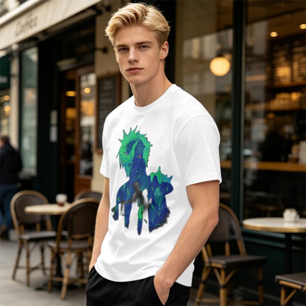 Olive Green Anime Graphic T-Shirt with Spiky Character Art