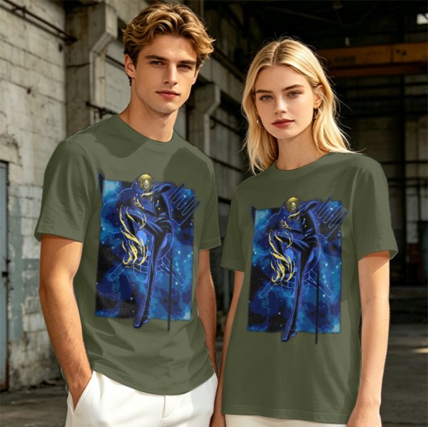 Olive T-Shirt with Cosmic Anime Character Graphic Print