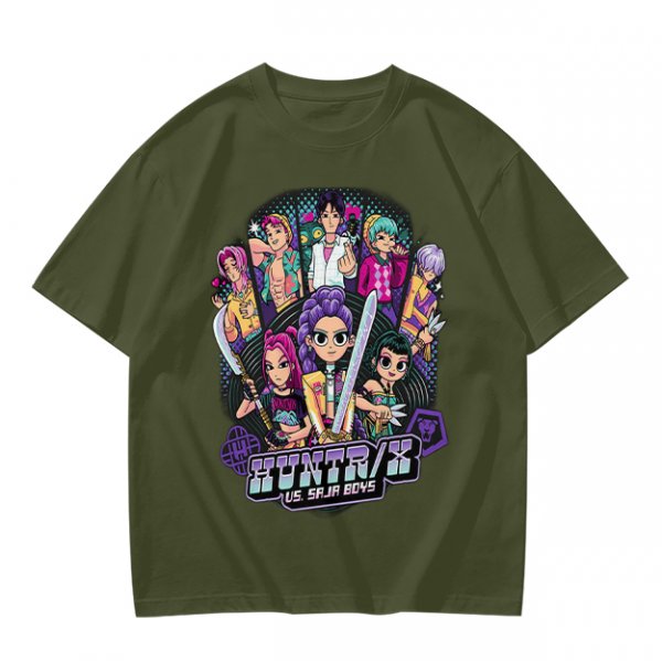 Olive Graphic Tee with Anime Character Group Print
