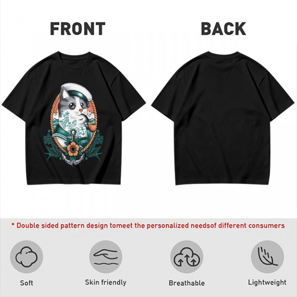 Olive T-Shirt With Sailor Cat Tattooed Pipe Design