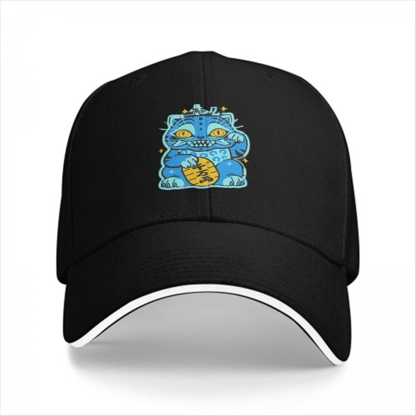 Black Baseball Cap With Blue Maneki-Neko Lucky Cat Graphic