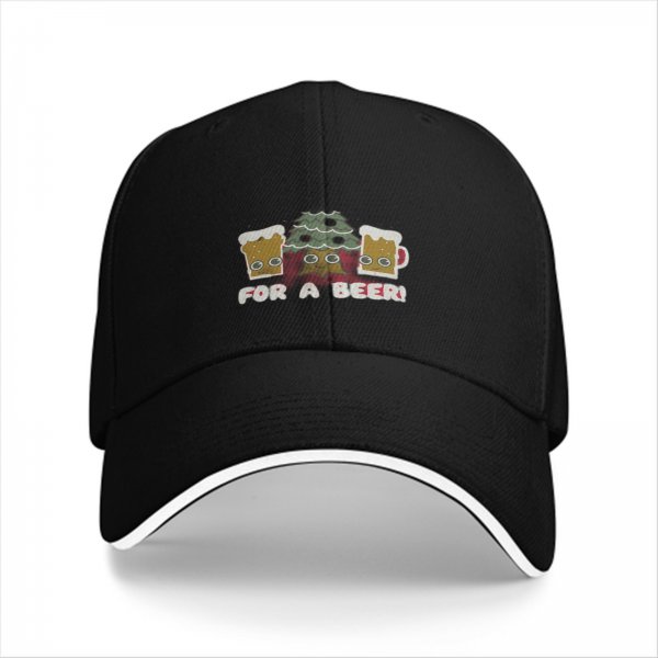 Black baseball cap with beer mugs and Christmas tree graphic FOR A BEER