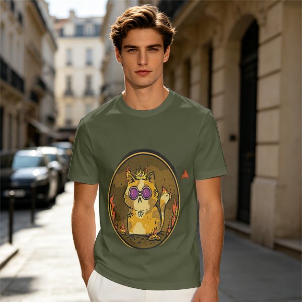 Olive T-Shirt With Flaming Royal Cat Portrait Print