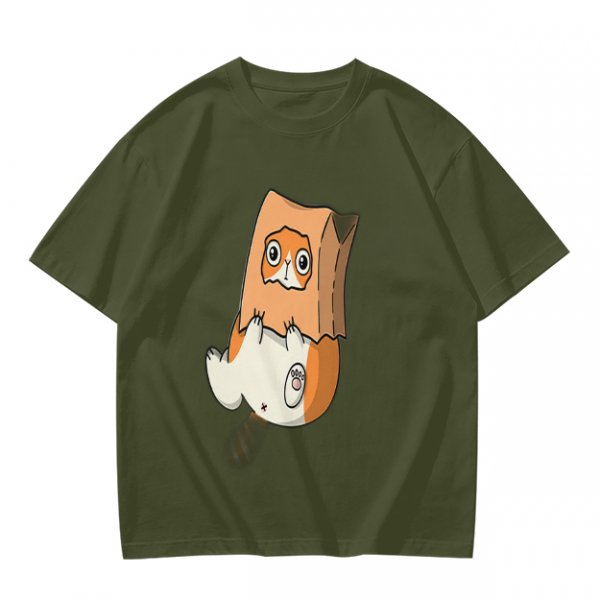 Olive T-Shirt With Cute Hamster In Paper Bag Print