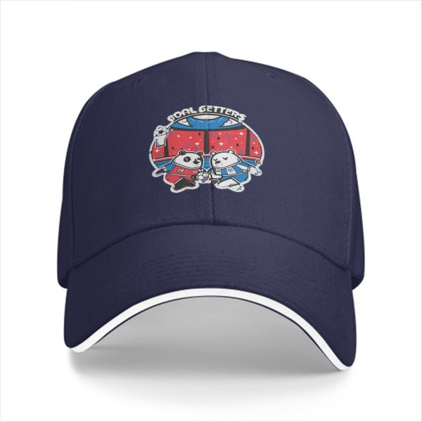 Black baseball cap with soccer panda and bear 'Goal Getters' graphic