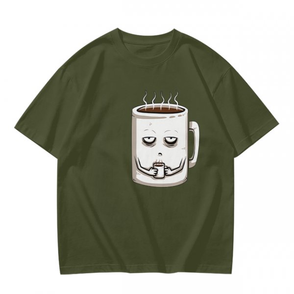 Oversized Army Green T-Shirt With Tired Coffee Mug Graphic